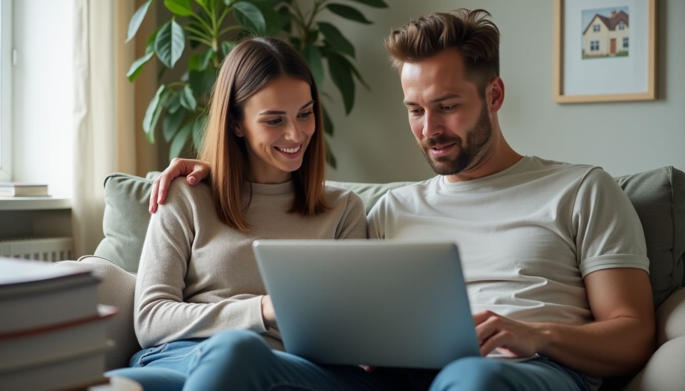 A couple in their 30s looking at real estate listings on a laptop in a cozy living room.