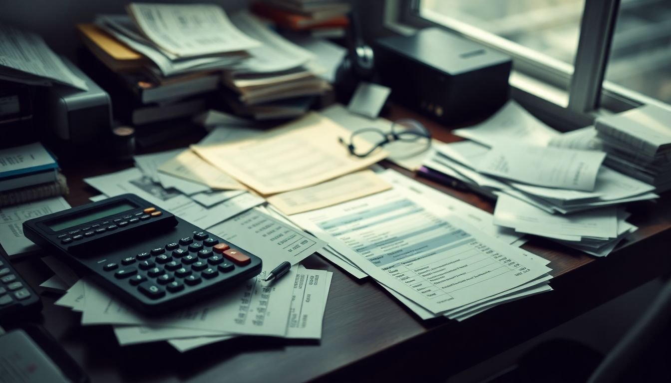 A messy desk filled with bills, receipts and a calculator. A messy desk filled with bills, receipts and a calculator.